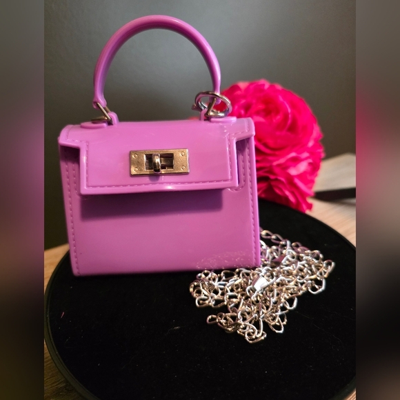 Mini Purple Crossbody Handbag – Glossy Finish with Silver Chain with Bag Charm - Picture 4 of 4